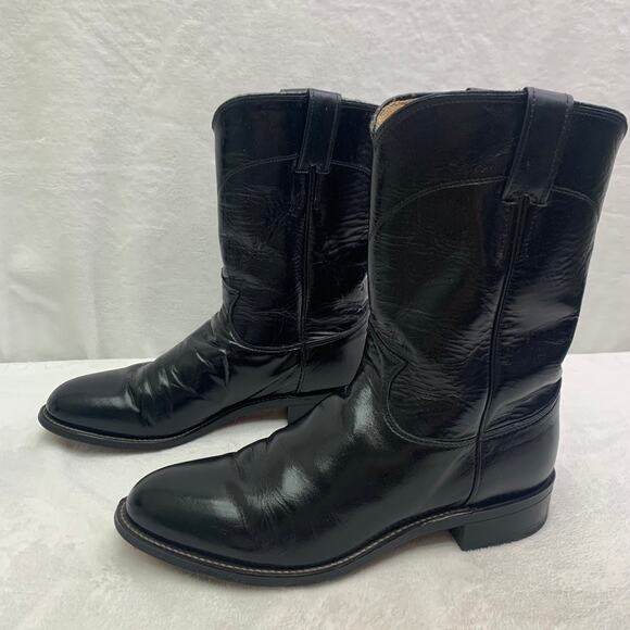 Justin Boots 3133 Mens Sz 9 Black Leather Western Roper Boots Round Toe Cowboy main image 9